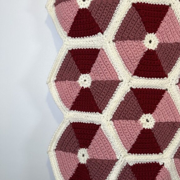 Vintage Handmade Crochet Hexagon Blanket Pink White Granny Geometric Valentines - Picture 3 of 7